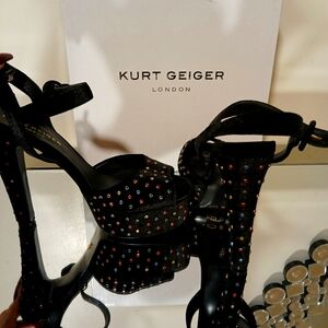 Kurt Geiger London platform sandals heels. Black velour with colorful rhinestone